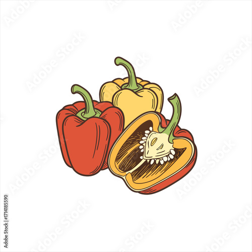 Illustration of red and yellow bell peppers one cut in half