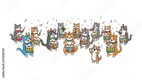 Harmony in Whiskers: A whimsical illustration features a delightful orchestra of musical cats, their paws poised to create a symphony of joy, filling the scene with a playful and lighthearted melody.