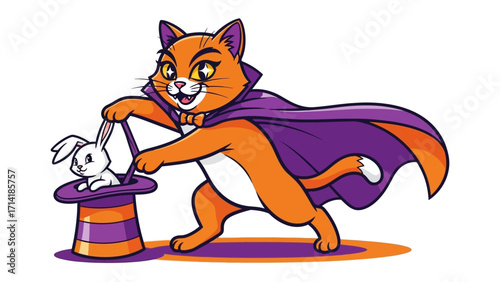 Magician Cat Unleashes Magic: A whimsical cat, attired in a magician's cape, conjures a rabbit from a top hat, exemplifying the wonder of illusion. 