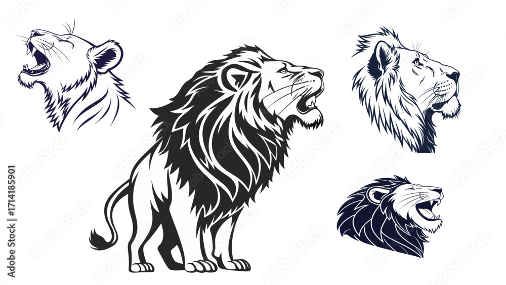 Fototapeta premium Lion and Lion Face Silhouette Isolated on Transparent White Background - Vector Illustration of Animal Icon