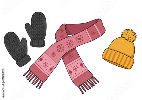 Winter Accessories Mittens Scarf and Hat Illustration.
