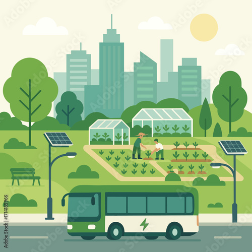 Sustainable urban farming with solar energy and electric bus in modern cityscape