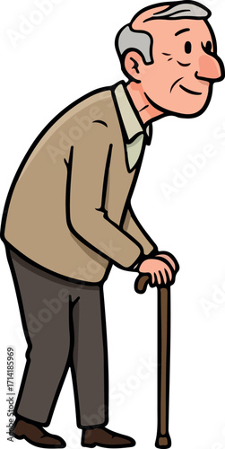Illustration Of Elderly Man Walking With Cane Against White Background