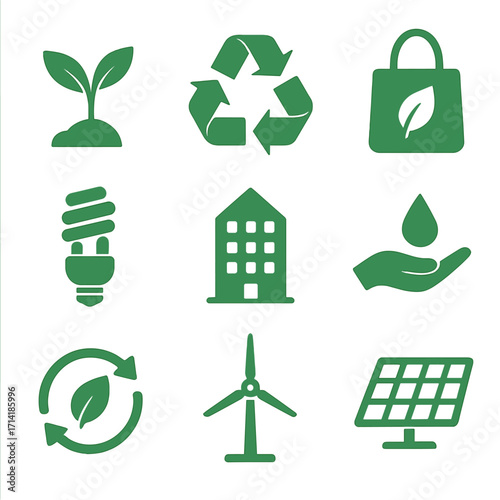 Eco-friendly icons set featuring renewable energy and sustainability concepts