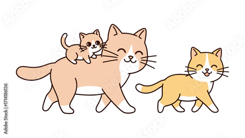 Cute Cat Family: A charming illustration features a happy cat family, including a mother cat and two playful kittens, one perched on the mother's back, all joyfully walking together. 