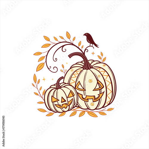 Cute halloween jack o lantern pumpkins with crow and autumn leaves