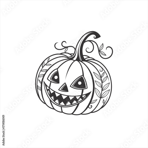 Spooky halloween jack o lantern with leafy swirls and sharp teeth