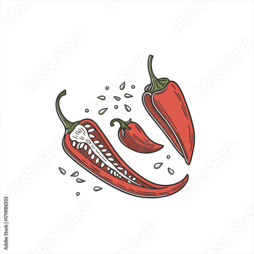 Red chili peppers sliced open with seeds scattered around