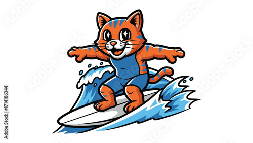 Surf Cat: A vibrant illustration captures a playful cat mastering the waves on a surfboard, exuding joy and a zest for adventure.