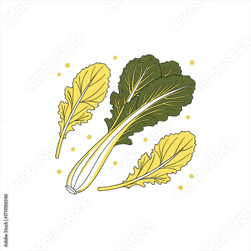 Stylized illustration of fresh mustard greens with yellow dots