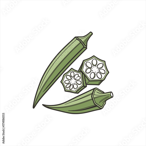 Fresh okra pods and slices isolated on white background