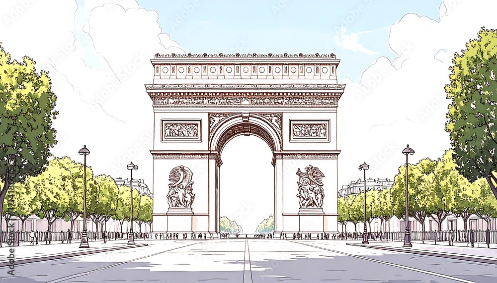 Fototapeta premium An illustrated, symmetrical view featuring a large stone archway, with trees and a road leading toward it. Light blue sky