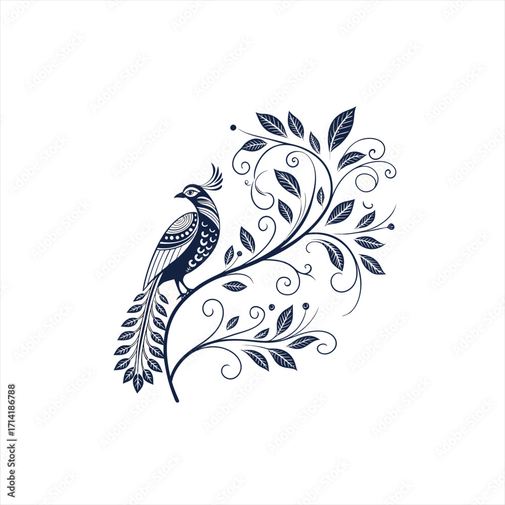 Fototapeta premium Elegant navy blue bird perched on a decorative floral branch with swirling vines and leaves