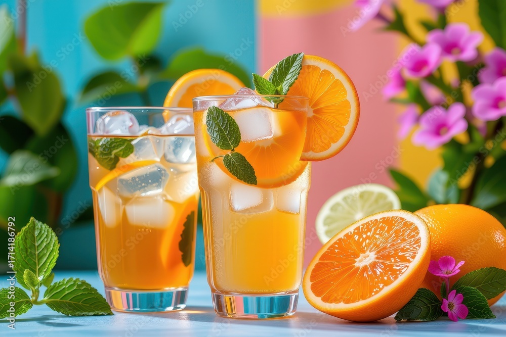 Fototapeta premium Refreshing Citrus Beverage with Mint Leaves and Bright Tropical Colors in Summer Setting