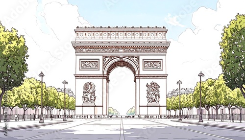 An illustrated, symmetrical view featuring a large stone archway, with trees and a road leading toward it. Light blue sky