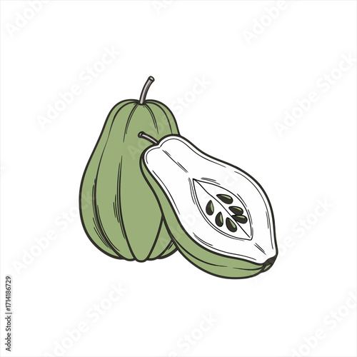 Illustration of a whole and halved green papaya fruit with seeds