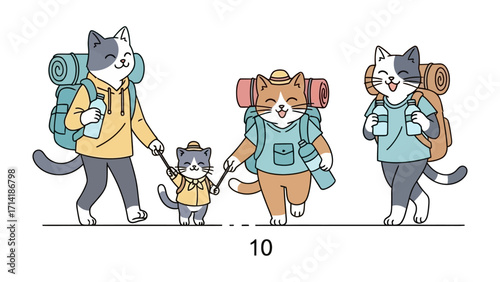 Cat Explorers Adventure: Illustrated depiction of three cartoon cats, each sporting backpacks, set out on a hiking journey of discovery. Each feline character embodies adventure and bonding