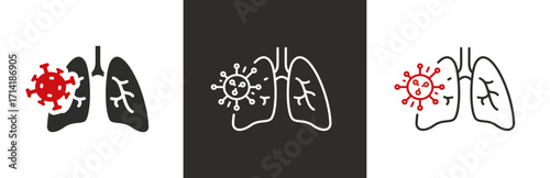 flat and linear set icons, pneumonia bacterium icon, lungs affected by the virus cell, inflammation illness, infection bacteria, simple symbols on white and black background - editable stroke vector i