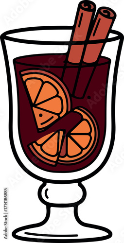 Illustration Of Mulled Wine With Cinnamon And Orange Slices In A Clear Glass