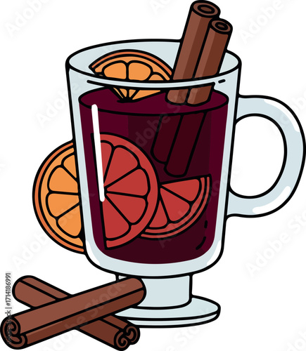 Illustration Of Mulled Wine With Cinnamon Sticks And Orange Slices