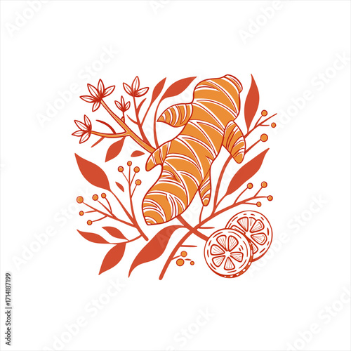 Stylized ginger root with leaves and citrus slices illustration