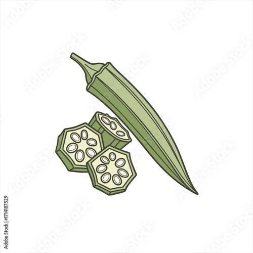 Fresh okra pod and sliced okra pieces on white background