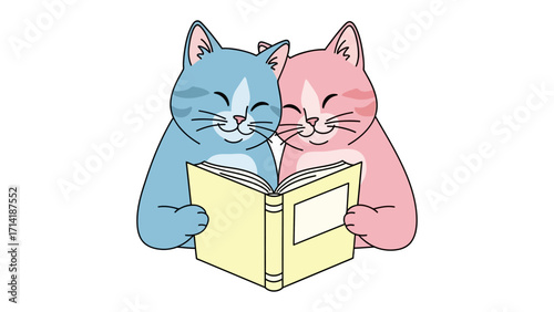 Delightful Duo's Story Time: Two adorable kittens, a pastel blue and a gentle pink, share a sweet moment as they huddle together, engrossed in a captivating book, sharing a special bond.