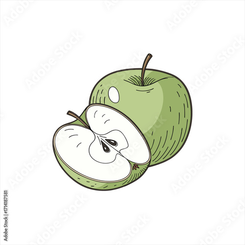 A whole green apple and a half apple showing seeds and core