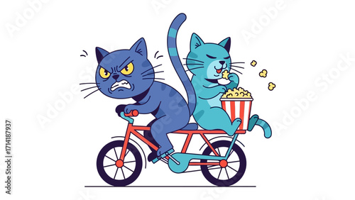 Cat's Cycle Escapade: A humorous illustration depicts two cats on a bicycle, one driving with a frustrated face while the other enjoys popcorn.