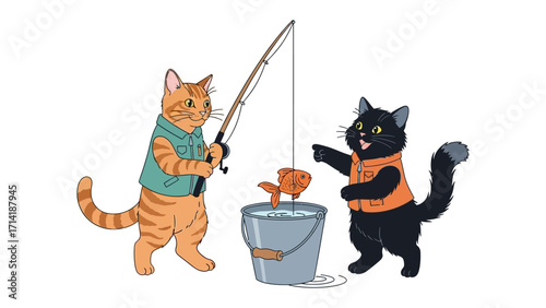 Cat's Day Out: Two cartoon cats enjoy a day of fishing. A charming illustration showcasing the playful side of the animal, the joy of friendship, and a simple moment of happiness.