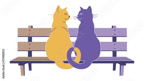 Candid Cats on a Bench: Two stylized cats, one golden and one violet, find solace on a wooden bench, in a charming artistic expression.