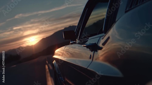 A classic car glides along a road, bathed in the warm hues of a setting sun.