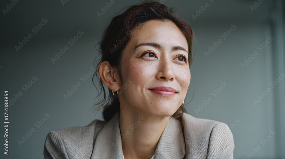 Fototapeta premium Smiling businesswoman in beige suit looking confident