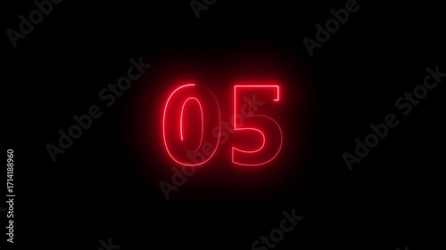 5 number neon bright red color animation on black background 4k video.