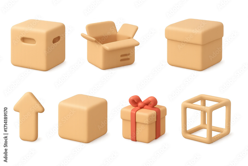 Fototapeta premium Set of 3d minimalist icons: boxes, arrow, gift, and cube on gradient background