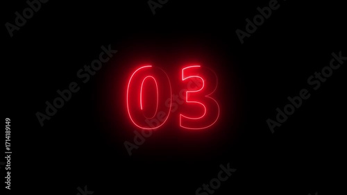 3 number neon bright red color animation on black background 4k video.
