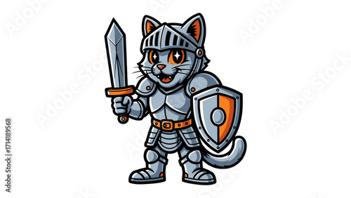 Courageous Knight Cat: A brave feline knight stands ready for battle. Clad in shining armor and wielding a sword and shield, a cute knight cat embodies strength, chivalry, and adventure. 