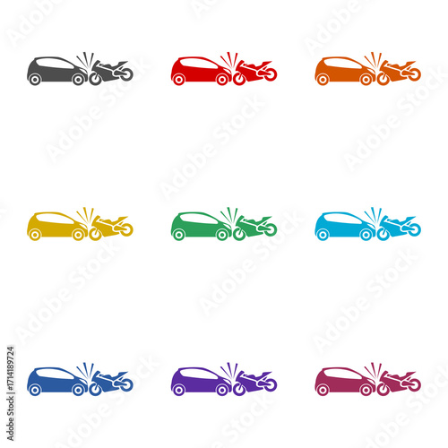 Motorcycle Hits Car, Crash icon isolated on white background. Set icons colorful