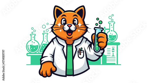 Scientist Cat: An animated scientist cat, donning a lab coat and holding a test tube, surrounded by beakers and bubbling concoctions, representing scientific curiosity and exploration.