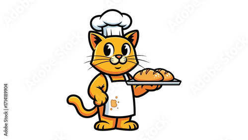 Cat Chef with Bread: A cheerful cartoon cat, adorned in a chef's hat and apron, proudly presents a tray of freshly baked bread, ready to serve.
