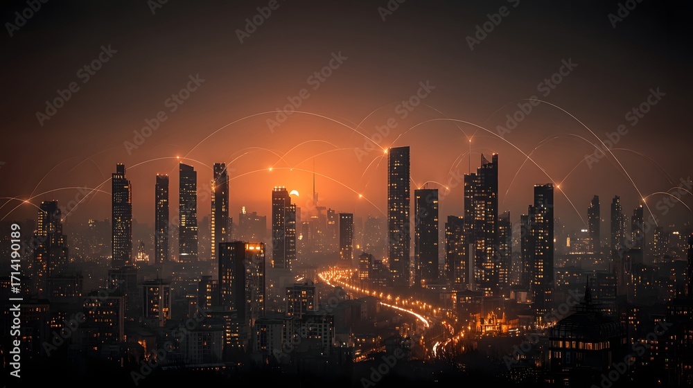 Fototapeta premium Urban skyline at dusk with glowing lights and dynamic cityscape
