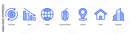 Financial Management web banner icon vector illustration featuring Cash Flow, Crisis, Global, Computer Mouse, Location, House, and Company for worldwide economic decision making.