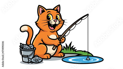 Purrfect Catch: A cheerful orange cat with fishing rod and a bucket full of freshly caught fish. A scene captures the playful spirit of angling.