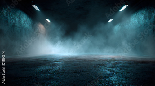 Fogfilled room with concrete floor walls and fluorescent lights