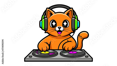 Cool Cat DJ: An animated orange cat donning headphones, skillfully manipulating turntable controls, showcasing playful music passion.