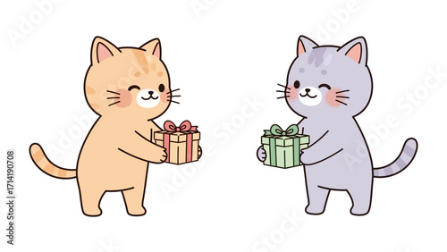 Whimsical Cats Exchanging Gifts: Two adorable cartoon cats share the spirit of giving, exchanging beautifully wrapped presents, representing friendship, kindness, and the joy of sharing.