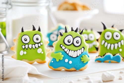 Colorful monster-themed cookies with fun designs on blue background