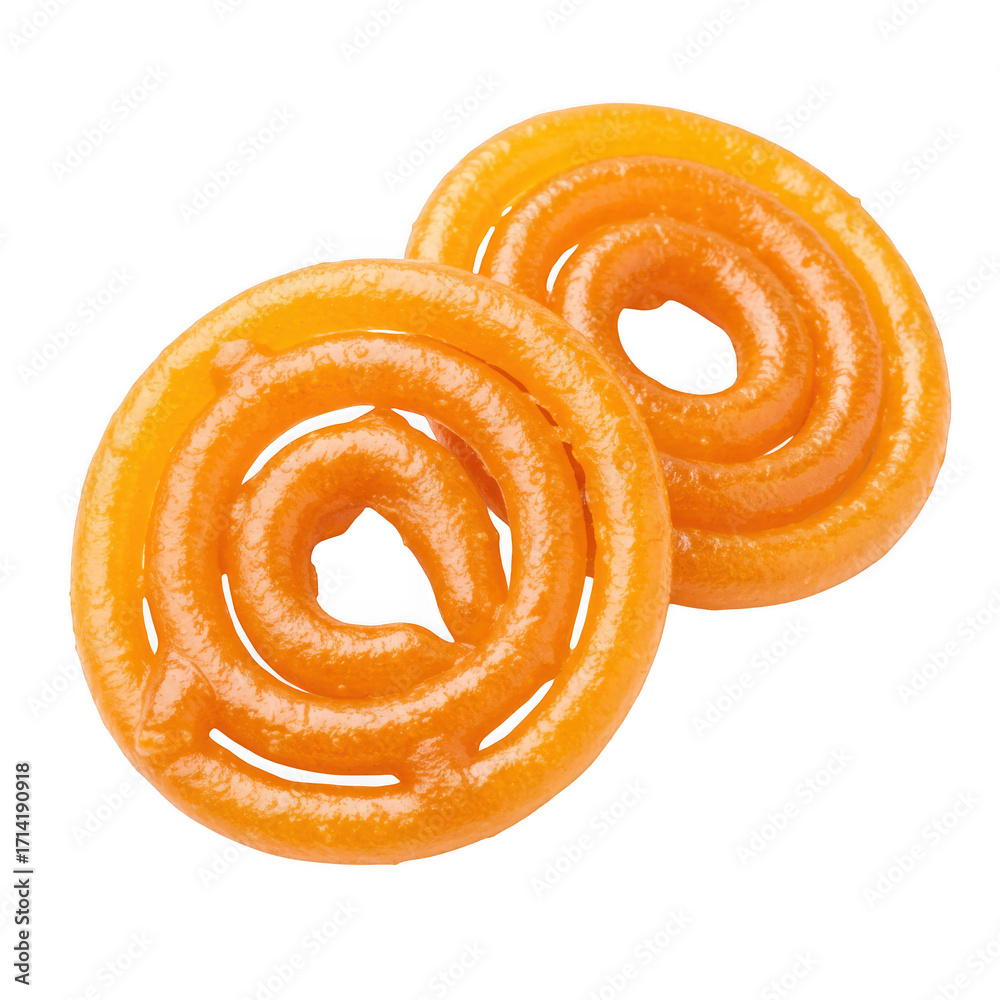 Fototapeta premium Close up view of two jalebis on a plain dark colored background shot on transparent background