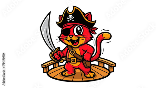 Captain Cat's Adventure: A spirited cartoon illustration showcases a charming feline pirate standing confidently on a wooden deck, ready for adventure with a sword and a determined look.