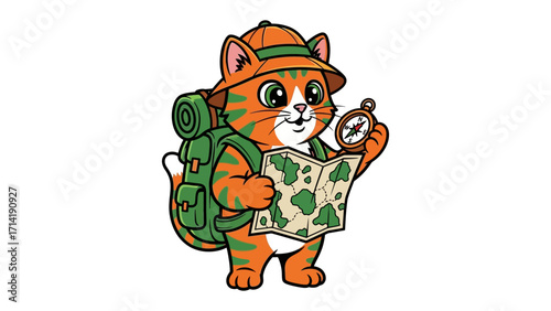 Adventure Cat Explorer: An intrepid explorer cat with a backpack, hat, compass, and map. This illustration evokes a sense of playful adventure, discovery, and exploration